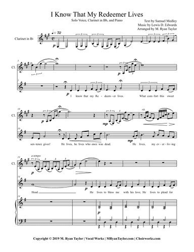 I Know that My Redeemer Lives for Voice or Unison Choir, Piano & Clarinet Obbligato (arr. M. Ryan Taylor)