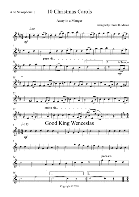 10 Christmas Carols for Alto,Alto,Tenor Saxophone and Piano (arr. David D. Mason)