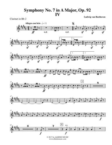 Beethoven Symphony No. 7, Movement IV - Clarinet in Bb 2 (Transposed Part), Op. 92 (arr. Doug Clyde)
