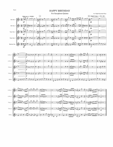HAPPY BIRTHDAY for Saxophone Quintet (arr. Ralph Raymond Hays)
