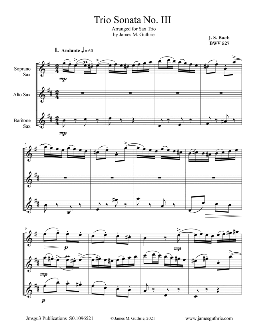 BACH: Trio Sonata No. 3 BWV 527 for Sax Trio (arr. James M. Guthrie)