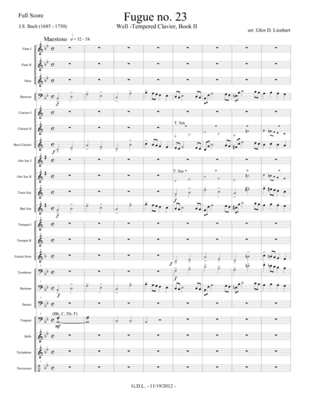 Fugue no. 23, Book II, Well-Tempered Clavier (arr. Glen D. Lienhart)