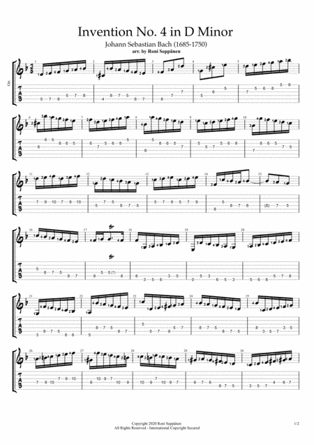 Invention No. 4 in D Minor for Flatpicking Guitar / Electric Guitar (arr. Roni Seppänen)