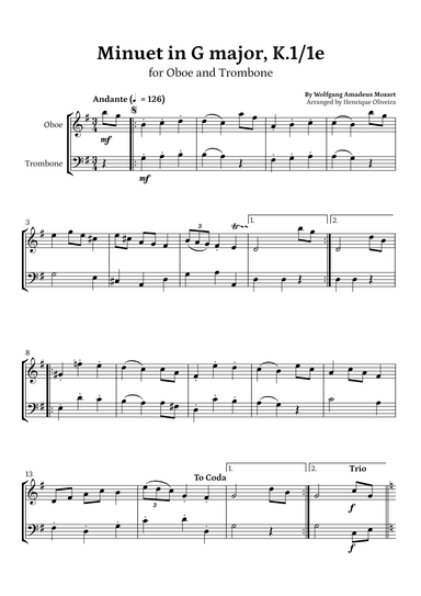 Minuet in G major, K.1/1e (Oboe and Trombone) - W. A. Mozart (arr. Henrique Oliveira)
