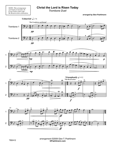 CHRIST THE LORD IS RISEN TODAY -TROMBONE DUET (unaccompanied) (arr. Glen Poehlmann)