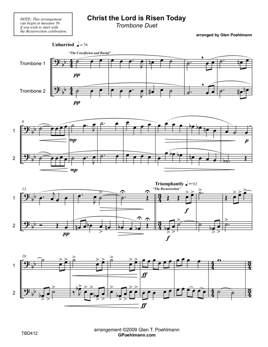 CHRIST THE LORD IS RISEN TODAY -TROMBONE DUET (unaccompanied) (arr. Glen Poehlmann)