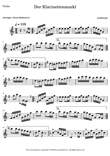 Clarinet Polka - Der Klarinettenmuckl - for violin solo (arr. Zoran Radanovic)