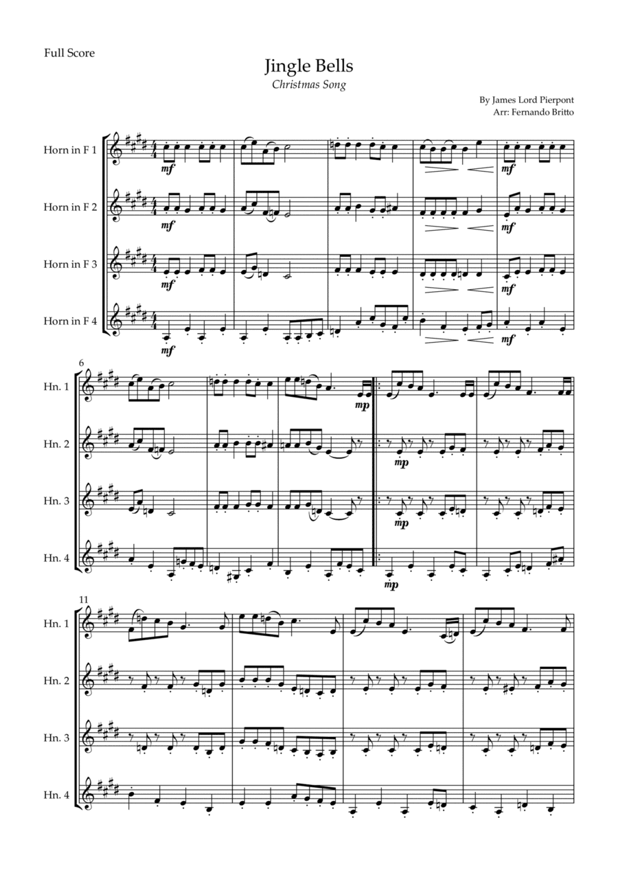 Jingle Bells (Christmas Song) for Horn in F Quartet (arr. Fernando Britto)