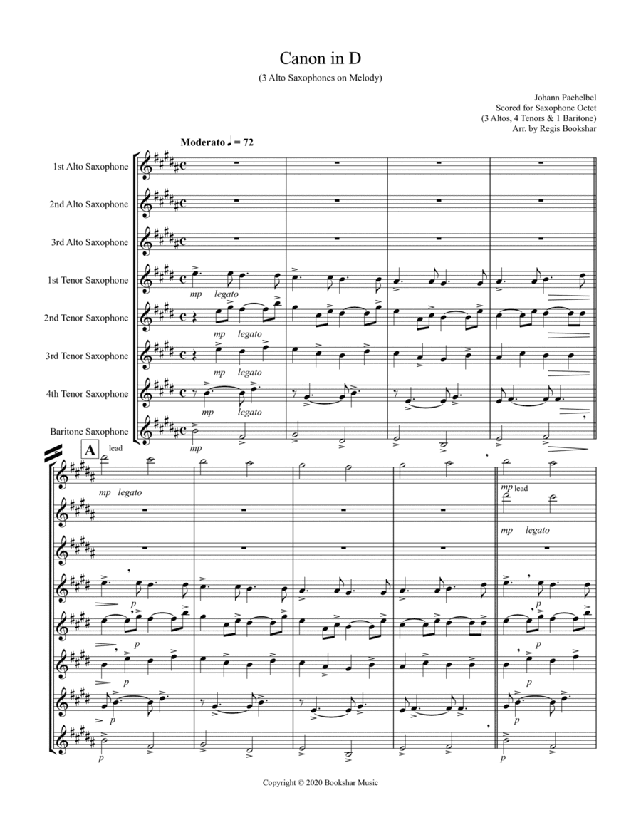 Canon in D (Pachelbel) (D) (Saxophone Octet - 3 Alto, 4 Tenor, 1 Bari) (3 Alto lead) (arr. Regis Bookshar)
