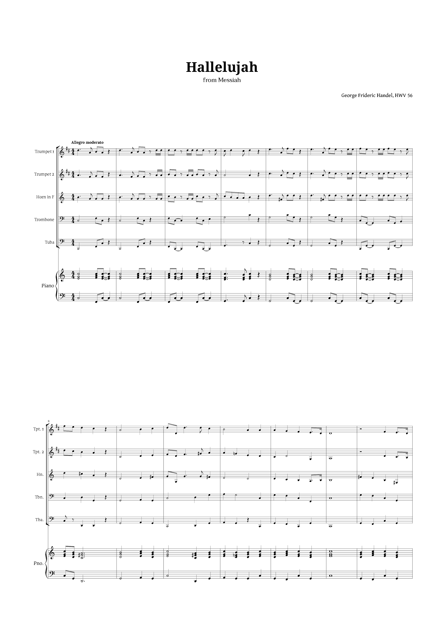 Hallelujah by Handel for Brass Quintet and Piano (arr. Langanho)