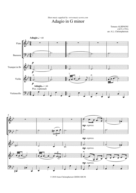Albinoni Adagio - Flute, Bassoon, Trumpet, Violin and Cello (arr. Anne L Christopherson GRSM ARCM)
