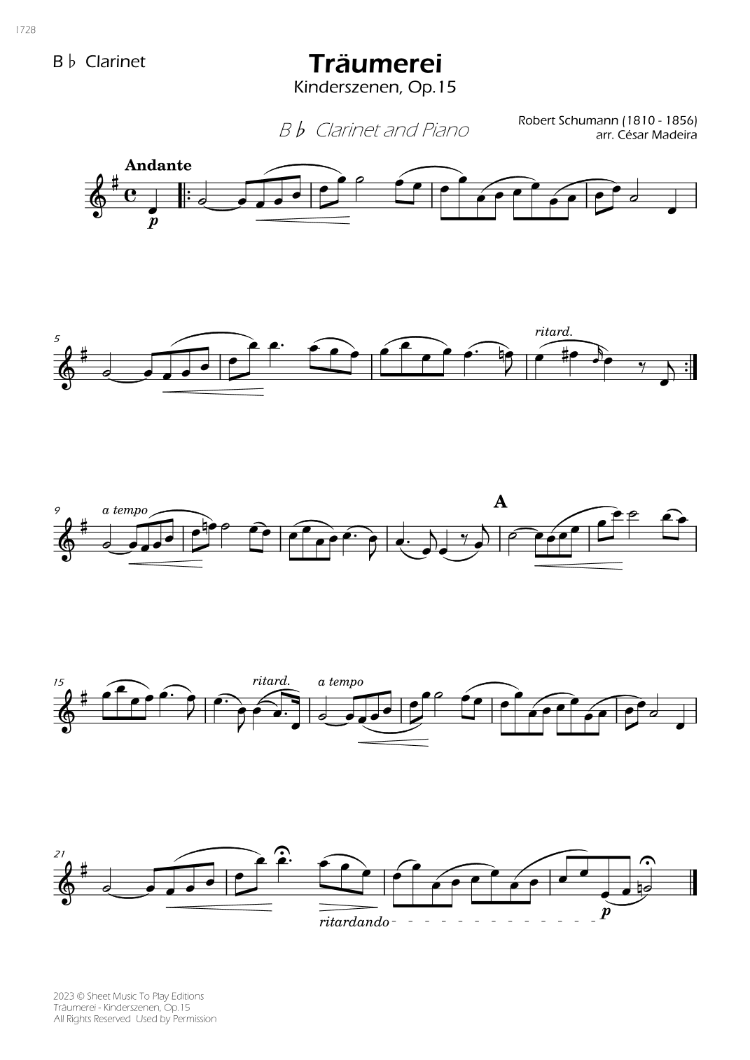 Traumerei by Schumann - Bb Clarinet and Piano (Individual Parts) (arr. César Madeira)