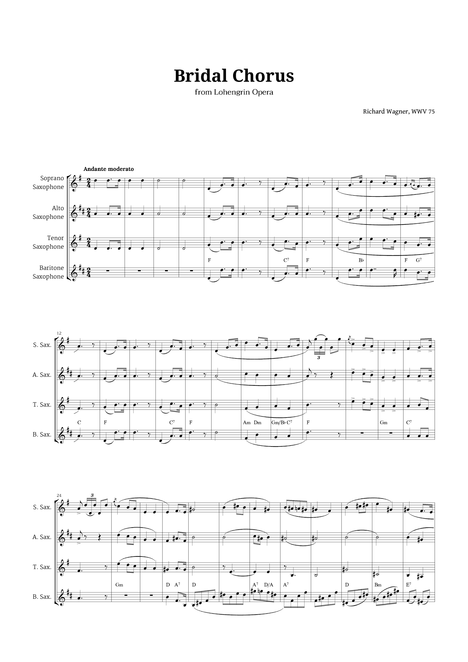 Bridal Chorus by Wagner for Sax Quartet with Chords (arr. Langanho)