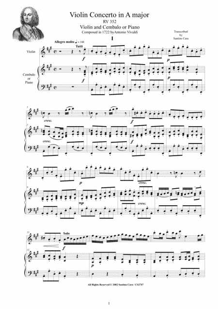 Vivaldi - Violin Concerto in A major RV 352 for Violin and Cembalo or Piano (arr. Santino Cara)