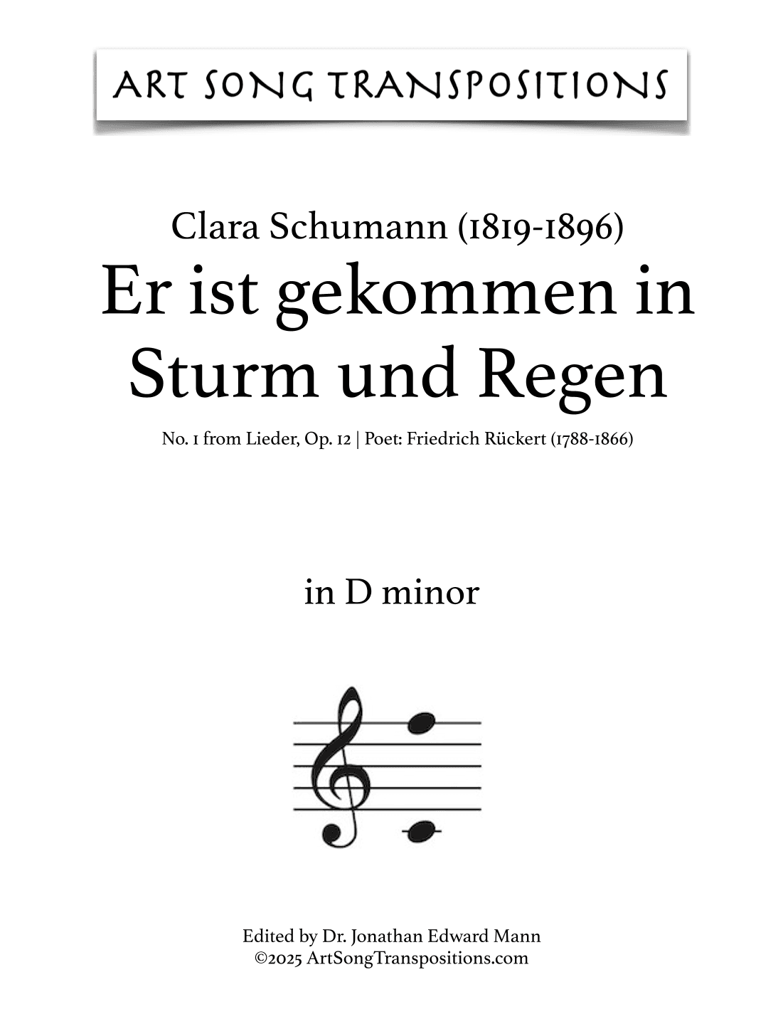 SCHUMANN: Er ist gekommen, Op. 12 no. 2 (transposed to D minor) (arr. ArtSongTranspositions.com)