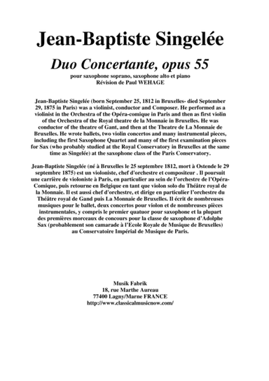 Jean-Baptiste Singelée Duo Concertante, opus 55 pour saxophone soprano, saxophone alto et piano (arr. Musik Fabrik Music Publishing)