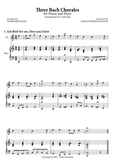 Three Bach Chorales in C and Am - Flute and Piano Accompaniment (original bass) (arr. Pedro Brochado)