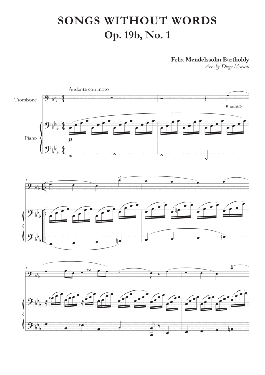 Song Without Words Op. 19 No. 1 for Trombone and Piano (arr. Diego Marani)