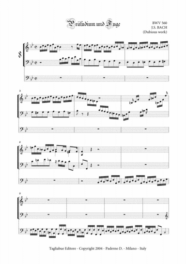 BACH J.S. - BWV 560 - PRELUDE AND FUGA in Bb - For Organ 3 staff (arr. Marcello Meneguzzo)