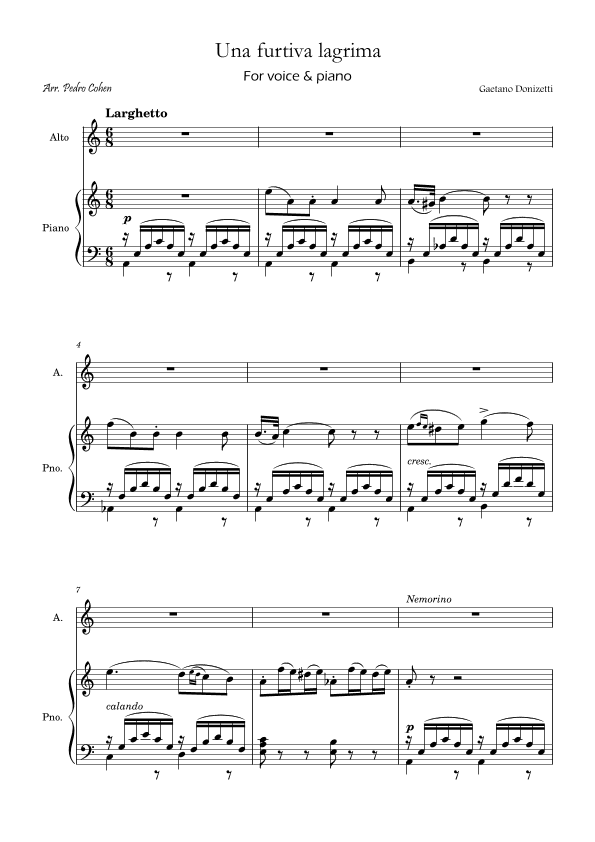 Una Furtiva Lagrima (For contralto in Am) (arr. Pedro Cohen)