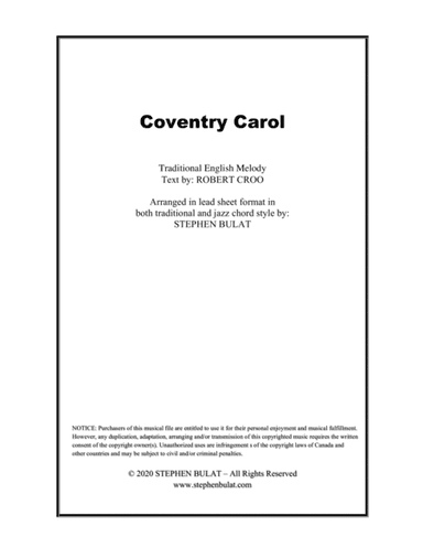 Coventry Carol - Lead sheet arranged in traditional and jazz style (key of Em) (arr. Stephen Bulat)