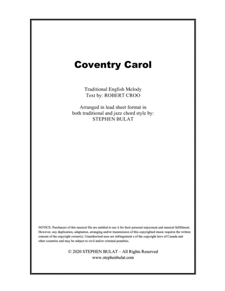 Coventry Carol - Lead sheet arranged in traditional and jazz style (key of Em) (arr. Stephen Bulat)