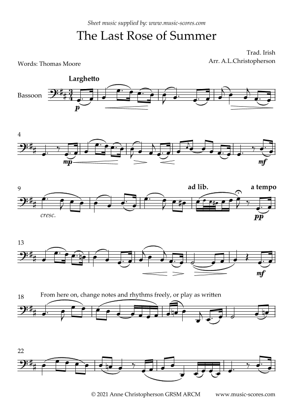 The Last Rose of Summer - Unaccompanied Bassoon (arr. Anne L Christopherson GRSM ARCM)