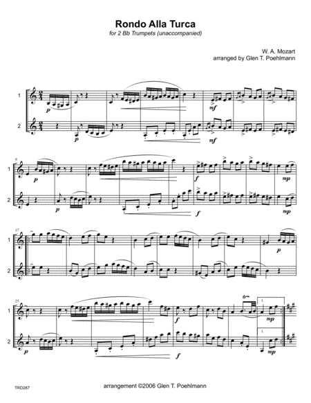RONDO ALLA TURCA (Mozart) arranged for TRUMPET DUET (unaccompanied) (arr. Glen Poehlmann)