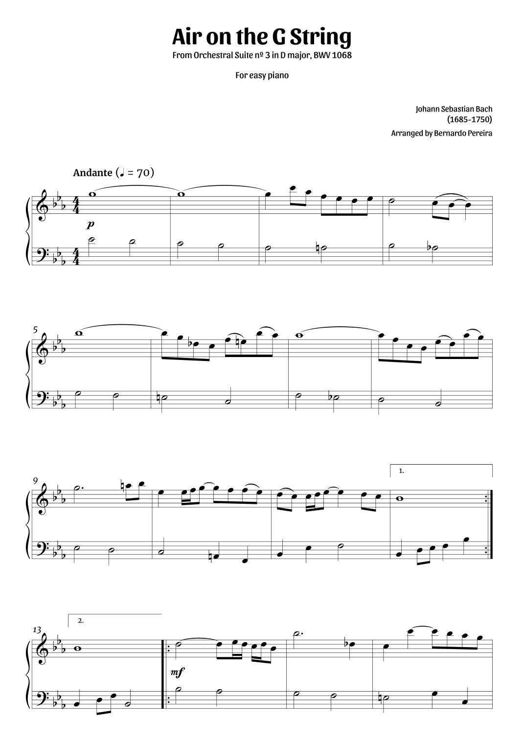 Air on the G string (easy piano in Eb major – clean sheet music) (arr. Bernardo Pereira)