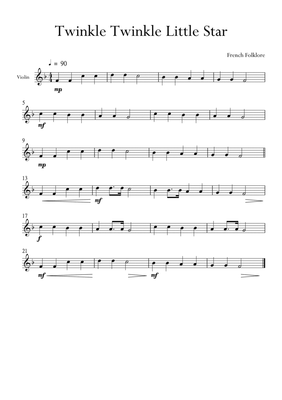 Twinkle Twinkle Little Star for Violin in F Major. Very Easy. (arr. Matheus Araújo)