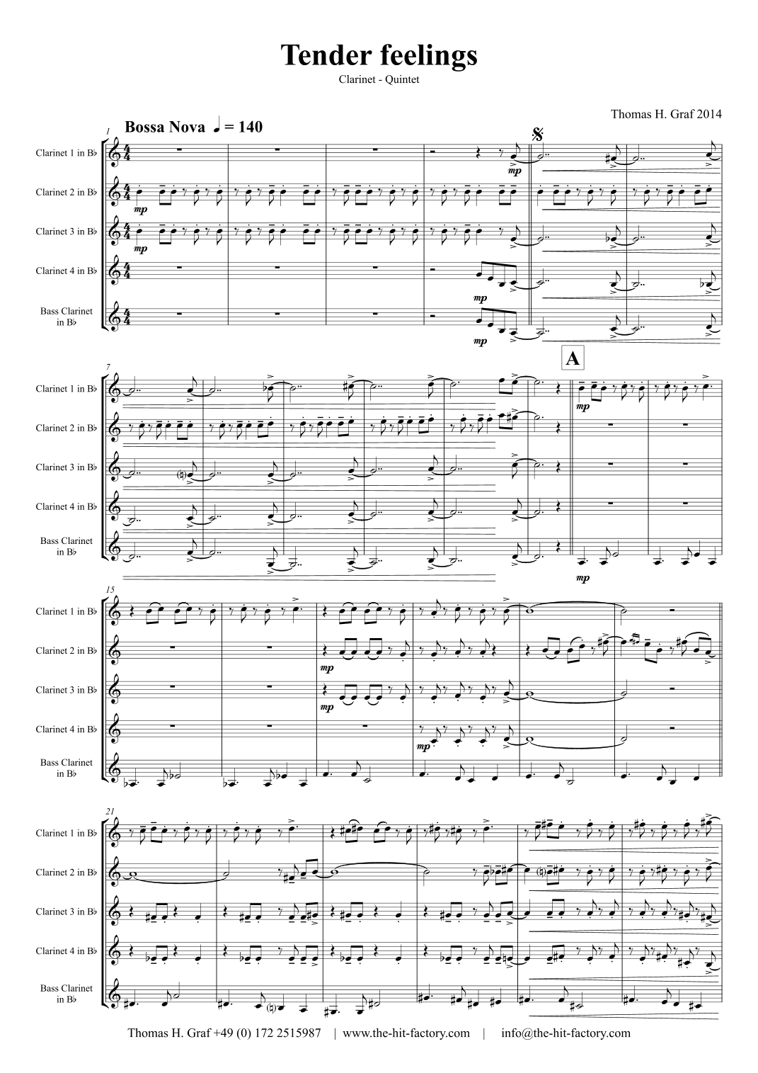 Tender feelings - Bossa Nova/Samba - Clarinet Quintet - G-Minor