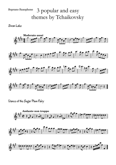3 popular and easy themes by Tchaikovsky with accompaniment and chord symbols for Soprano Saxophone (arr. Leyandder Trustworthy)