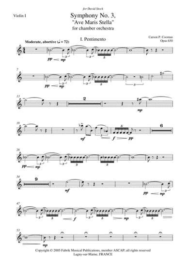 Carson Cooman: Symphony No. 3, "Ave Maris Stella" (2005) for chamber orchestra, violin I part