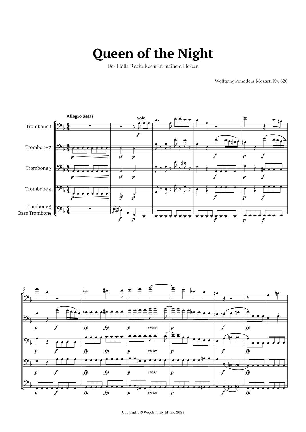 Queen of the Night Aria by Mozart for Trombone Quintet (arr. Ander)