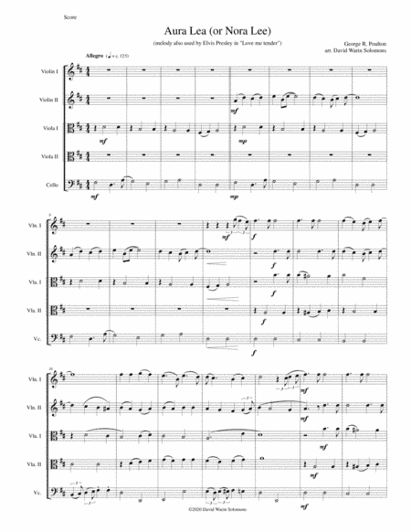 Aura Lea (Nora Lee) for string quintet (arr. David Warin Solomons)