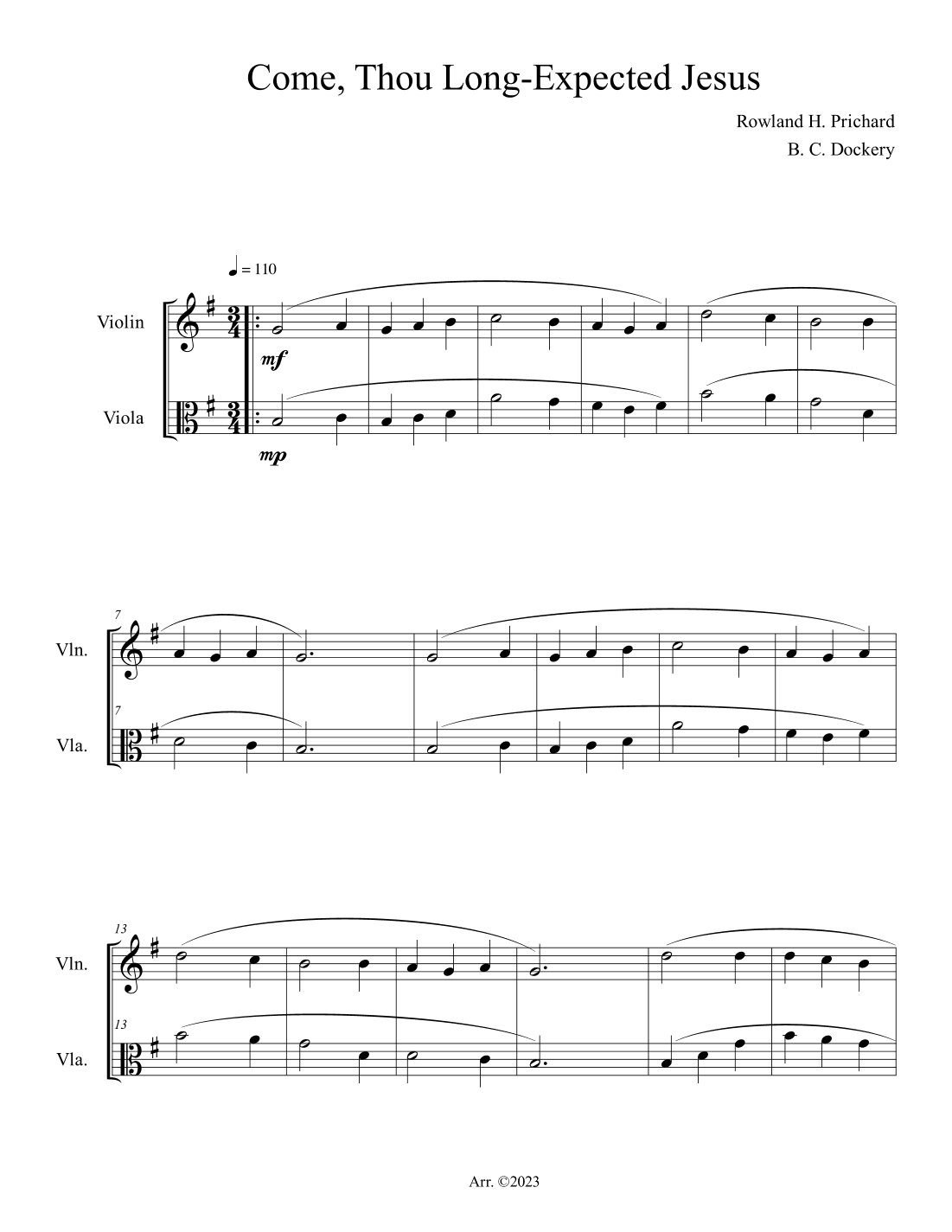 Come, Thou Long-Expected Jesus (Violin and Viola Duet) (arr. B. C. Dockery)