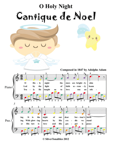 O Holy Night Easy Piano Sheet Music with Colored Notes (arr. SilverTonalities)
