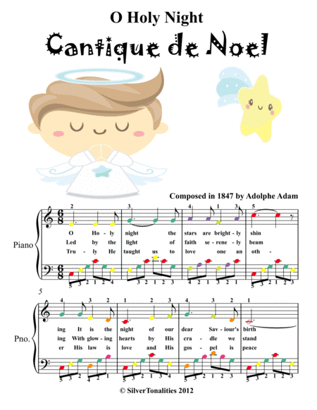 O Holy Night Easy Piano Sheet Music with Colored Notes (arr. SilverTonalities)