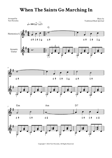 When The Saints Go Marching In - Duet For Harmonica G and Acoustic Guitar (with Chords) (arr. Yuri Noronha)