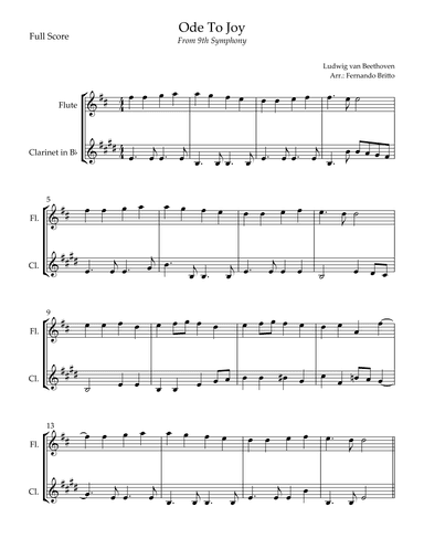 Ode To Joy Theme (from Beethoven's 9th Symphony) for Flute & Clarinet in Bb Duo (arr. Fernando Britto)
