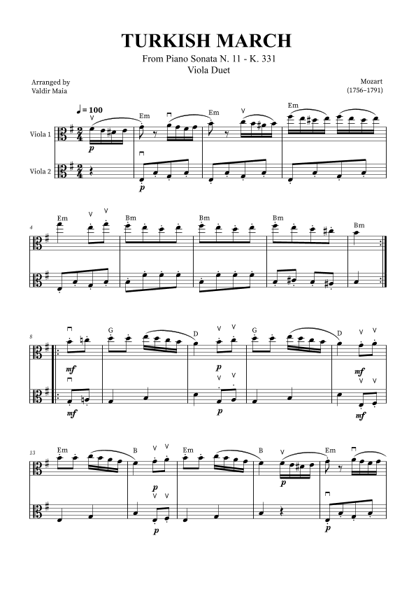Turkish March - Viola Duet (with bowings and chords) (arr. Valdir Maia)