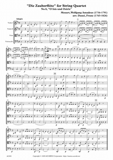 "Die Zauberflöte" for String Quartet, No.8, "O Isis und Osiris" (arr. Danzi, Franz Ignaz (1763-1826))