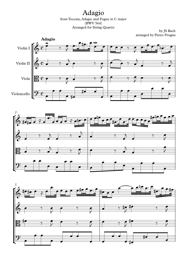 Adagio (from Toccata, Adagio and Fugue in C major) (BWV 564) by JS Bach - String Quartet arrangement (arr. Pietro Prugna)