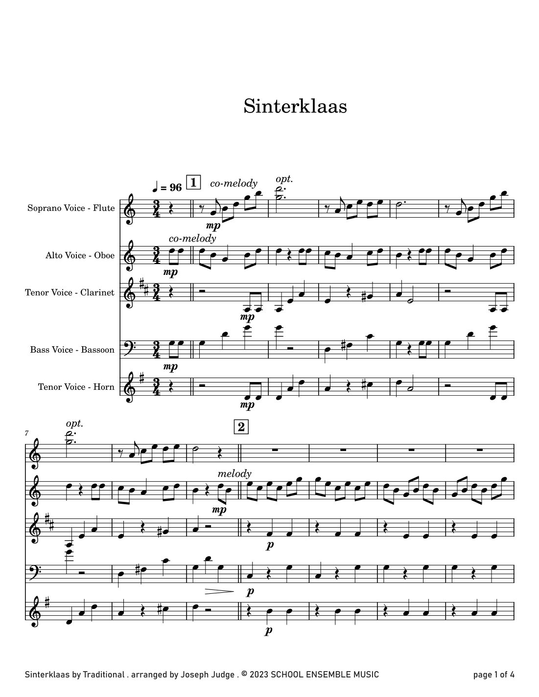 Sinterklaas for Woodwind Quartet in Schools (arr. Joseph Judge)
