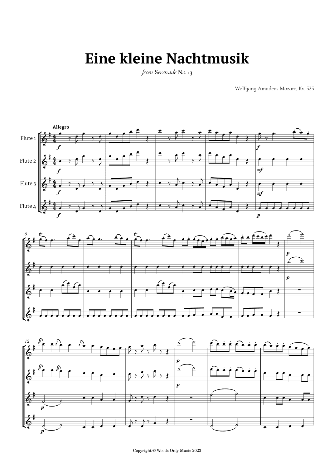Eine kleine Nachtmusik by Mozart for Flute Quartet (arr. Ander)