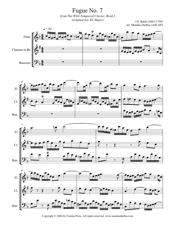 Bach Fugue No. 7 for Woodwind Trio (Flute, Clarinet, and Bassoon) (arr. Monika Durbin)