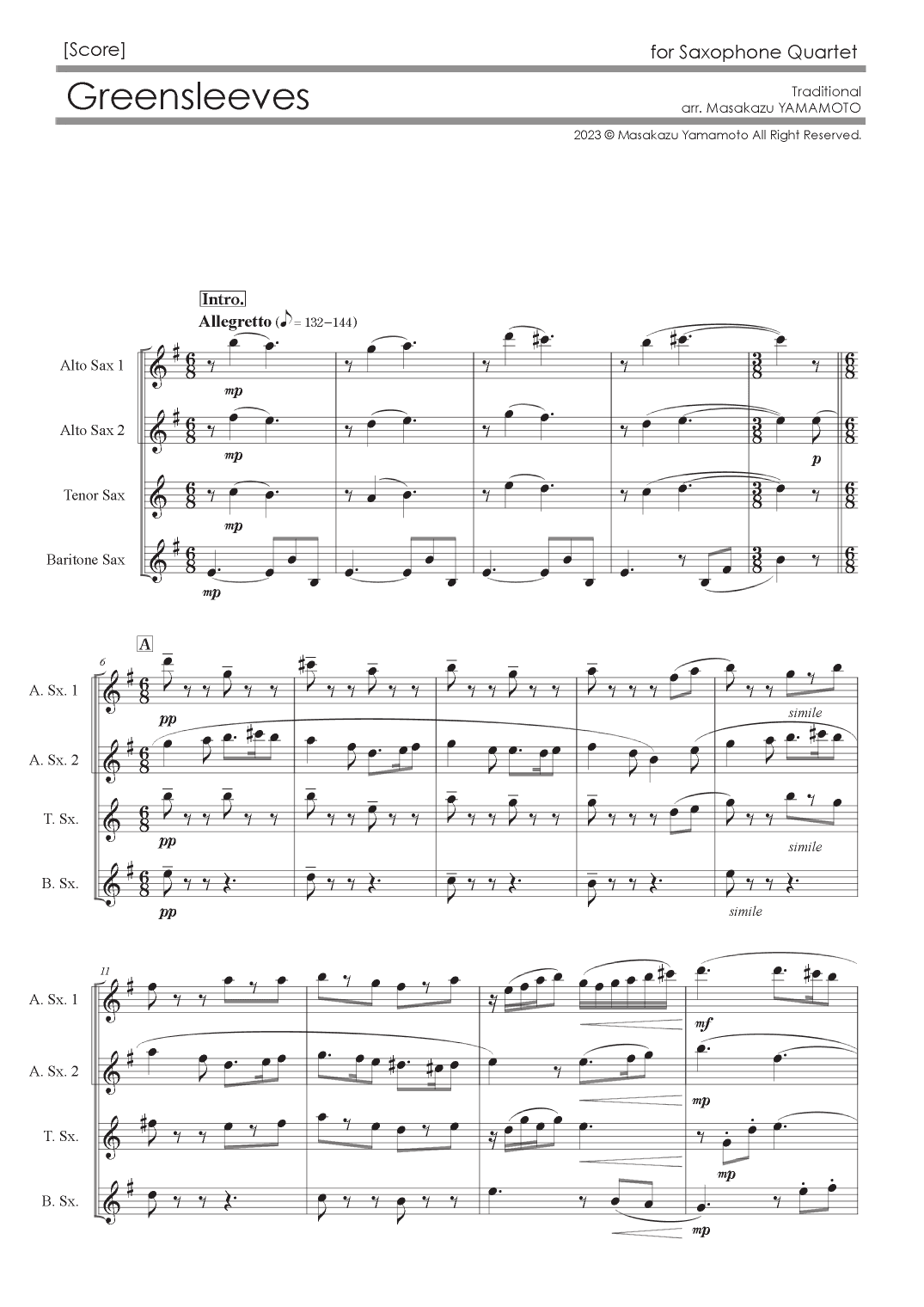 Greensleeves [Saxophone Quartet] (arr. Masakazu YAMAMOTO)