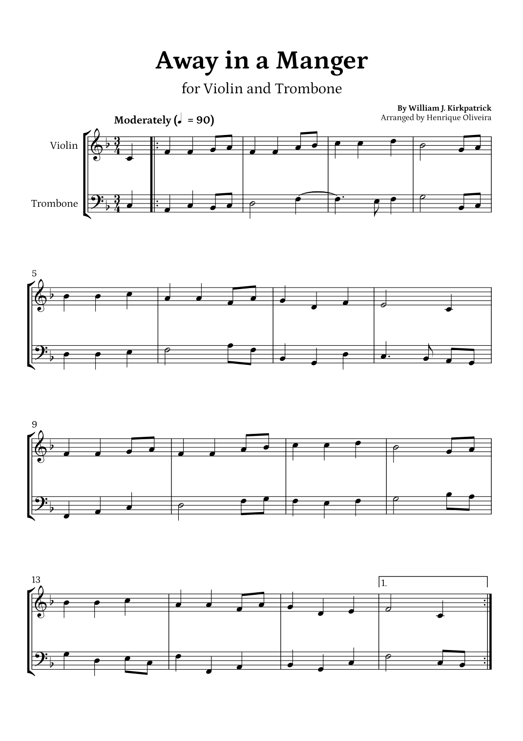Away in a Manger (Violin and Trombone) - Beginner Level (arr. Henrique Oliveira)