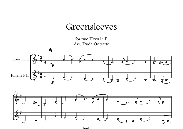 Greensleeves (Green Leeves) HORN DUO. (English folk music, broadside) BEGINNER (arr. Duda Oriontte)