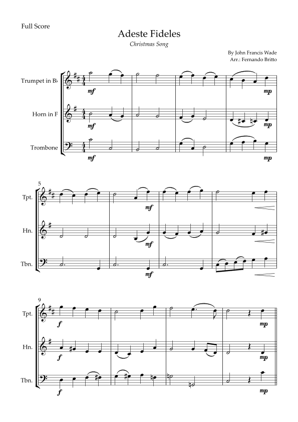Adeste Fideles (Christmas Song) for Brass Trio (arr. Fernando Britto)